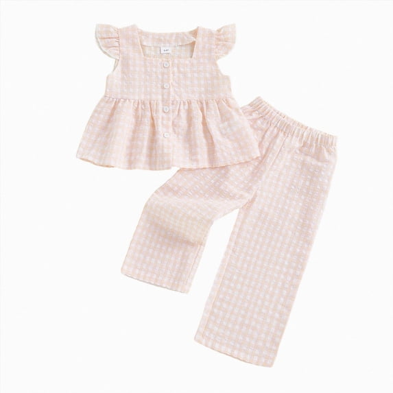 Toddler Girls Gingham Ruffle Sleeve Pajama Set,Button-Up Top and Long Pants 18-24 Months