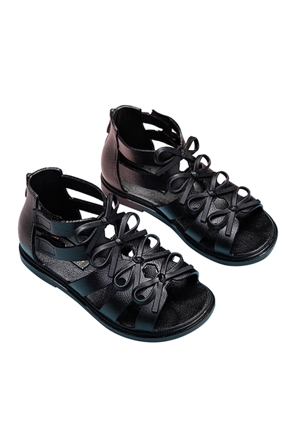 Toddler Girls Gladiator Sandals with Back Zipper Cut out Open Toe Bow Strappy Boots Lightweight Summer Beach Shoes Black Size 12 Little Kid