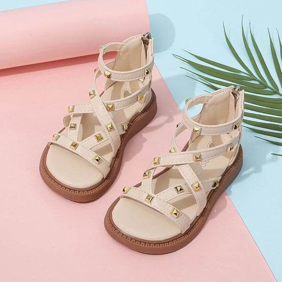 Toddler Girls Gladiator Sandals with Zipper Lace Up Open Toe Strappy Summer Beach Shoes for Little Big Kids Beige 25