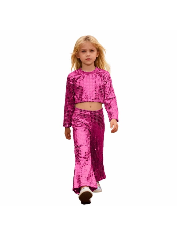Toddler Girls Glitter Sequin Outfits Party Long Sleeve Crop Top Flared Pants Set, Sizes 3-4T