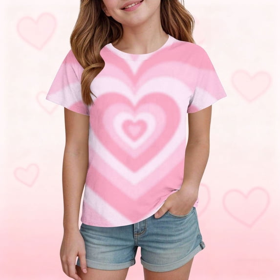 Toddler Girls Graphic T-Shirts Short Sleeve Heart Print Pattern Tees Casual Summer Crewneck Tops Lightweight Vacation Playwear Comfortable Everyday Shirts for Kids, Size 5-6