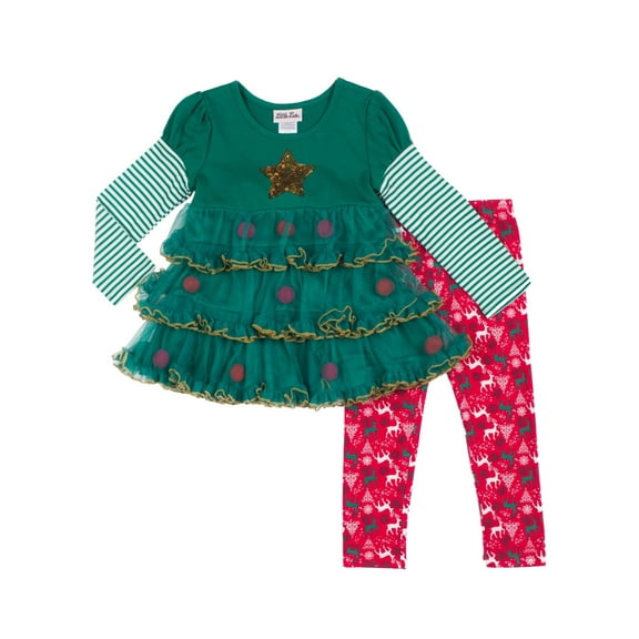 Toddler Girls Green Red Christmas Tree Dress Shirt & Reindeer Legging Outfit 4T