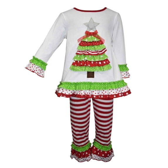 Toddler Girls Green Red Ruffle Christmas Tree Dress Shirt & Striped Pants 4T