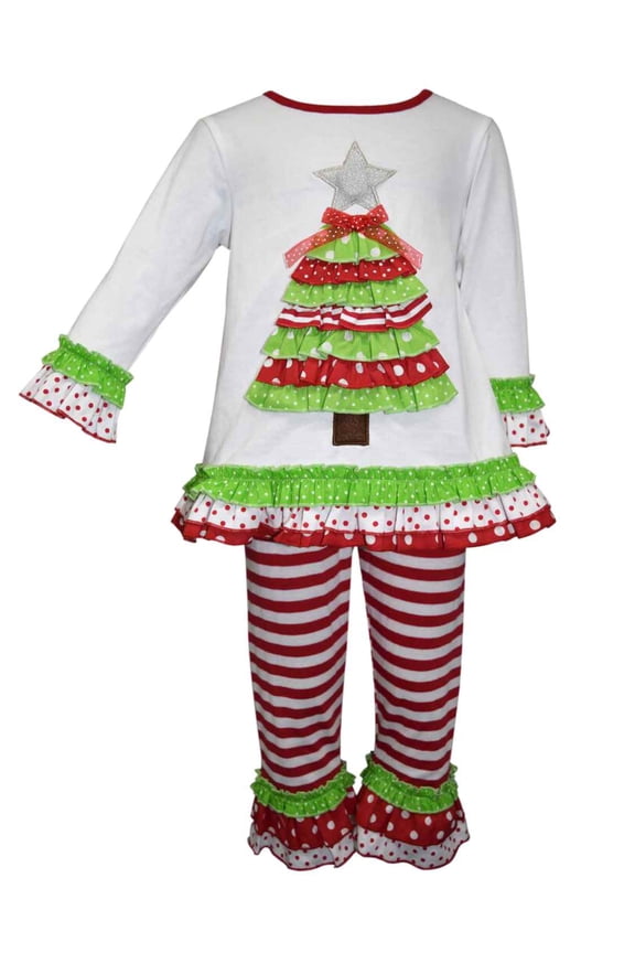 Toddler Girls Green Red Ruffle Christmas Tree Dress Shirt & Striped Pants 4T
