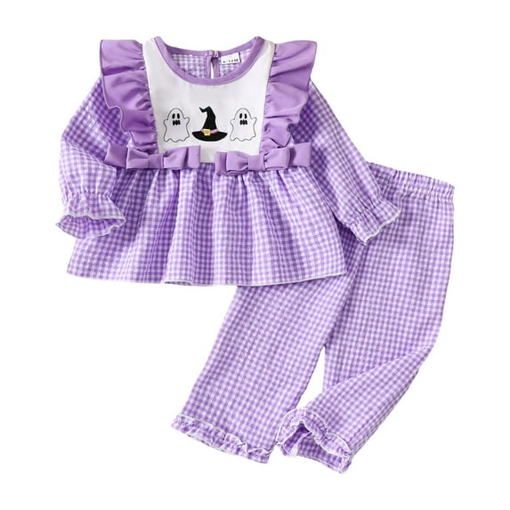 Toddler Girls Halloween Clothes Set Plaid Pumpkin Embroidered Plaid Ruffle T-Shirt Tees Tops + Wide Straight Leg Pants 2 Pcs Outfits 6M-4T