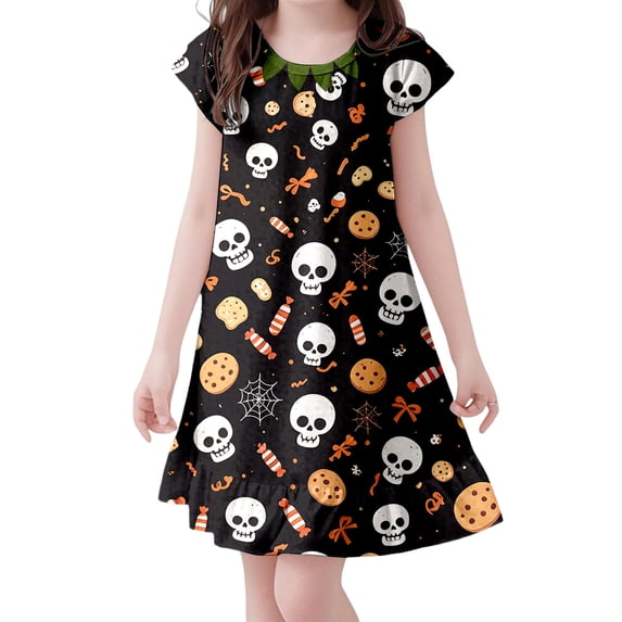 Toddler Girls Halloween Dress Flutter Sleeve Printed Girls Daily Dress For Halloween Holiday Scenes Fall Wear