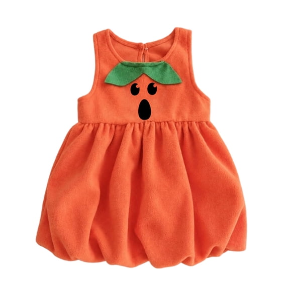 Toddler Girls Halloween Dresses with Pumpkin Face Print Sleeveless Crew Neck Cute A-Line Bubble Dress for Party