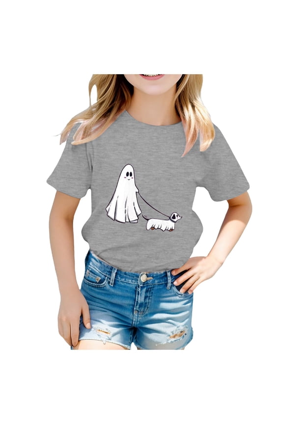 Toddler Girls Halloween Ghost Shirt,Big Girls Halloween T Shirt Pumpkin Ghost Print Short Sleeve T-Shirt for 4-6 Years,Grey