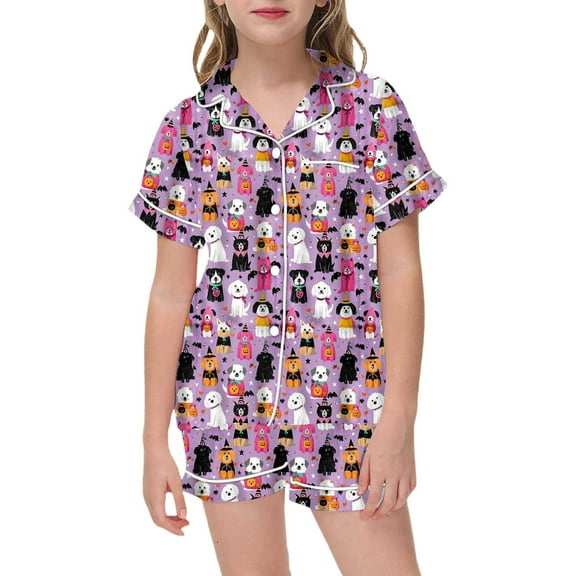 Toddler Girls Halloween Pajama Set 2 Piece Cute Button Up Top Shorts Sleepwear Outfit Kids