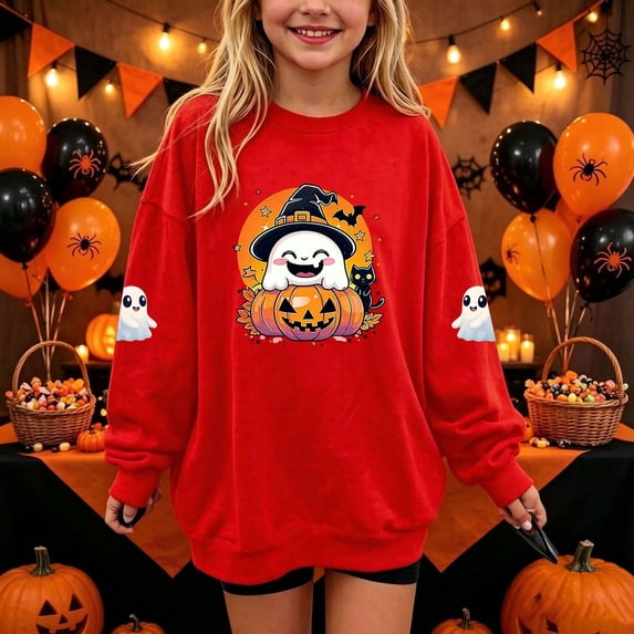 Toddler Girls Halloween Pullover Sweatshirts Long Sleeve Funny Ghost Spooky Cat Tops Kids Oversized Crewneck Graphic Sweaters Youth Fall Party Trick or Treat Shirts, Size 3-4 T
