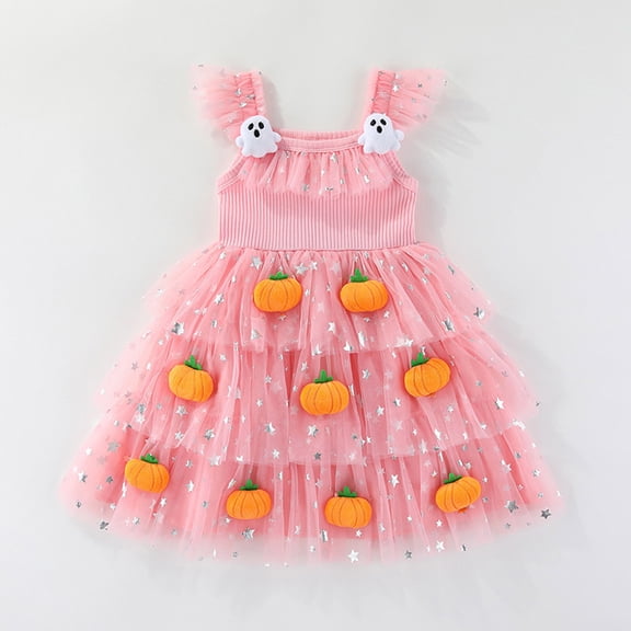 Toddler Girls Halloween Tutu Dress Cute Infant 3D Plush Pumpkin Ghost Applique Costume Ruffle Sleeve Layered Tulle Princess Dresses Holiday Party Outfit for Cosplay Birthday Festival Clothes