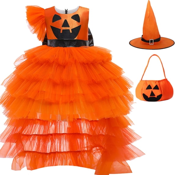 Toddler Girls Halloween Tutu Tulle Dress Pumpkin Party Costume+Hat+Bag