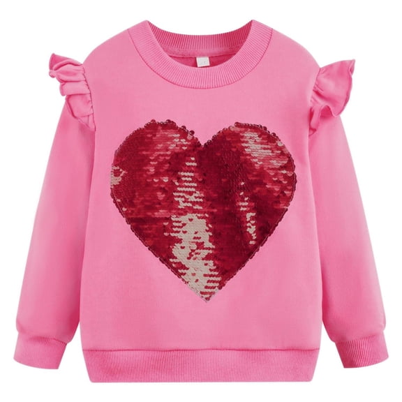 Toddler Girls Heart Sweatshirt Valentines Sweater Girls Ruffle Long Sleeve Sequin Shirt Kids Pink Tops Pullover Fall Winter Clothes 3T/8274