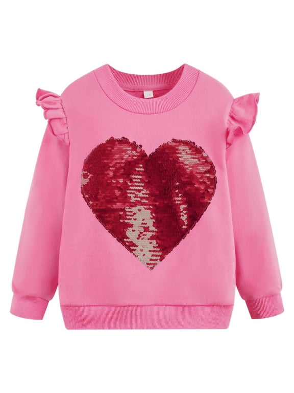 Toddler Girls Heart Sweatshirt Valentines Sweater Girls Ruffle Long Sleeve Sequin Shirt Kids Pink Tops Pullover Fall Winter Clothes 4T/8274