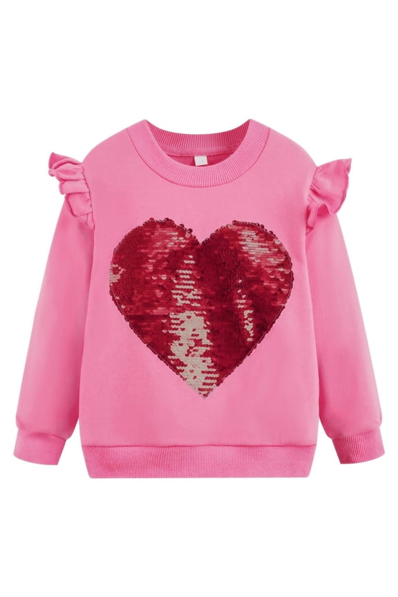 Toddler Girls Heart Sweatshirt Valentines Sweater Girls Ruffle Long Sleeve Sequin Shirt Kids Pink Tops Pullover Fall Winter Clothes 5T/8274