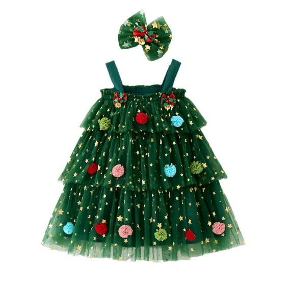 Toddler Girls Holiday Party Dress Sleeveless Outfit with Headband for Christmas Dance Celebration Green 6-12 Months
