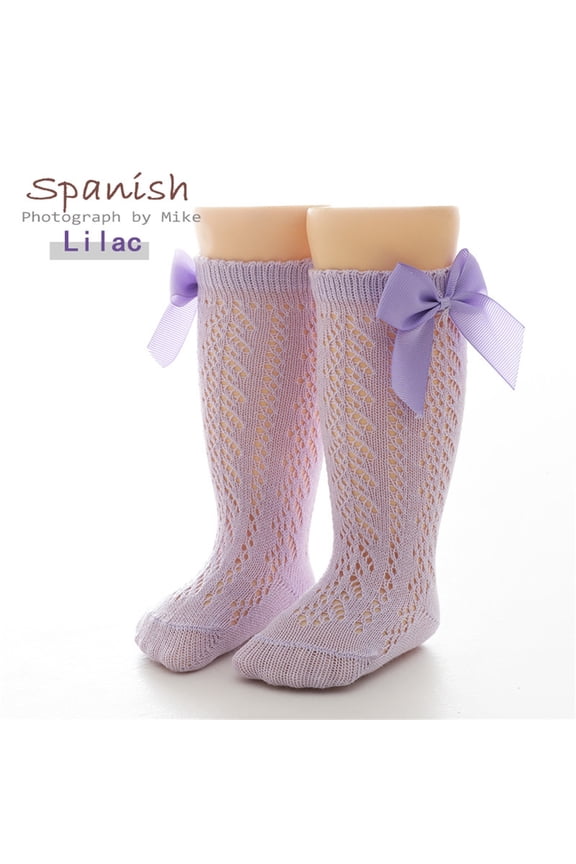 Toddler Girls Hollow Mesh Crew Socks Single Pair Satin Bow Back Decor Seamless Toe Soft Cotton Breathable Vintage Solid Color Calf Socks for Baby Girls 1 To 7 Years Old Purple XL