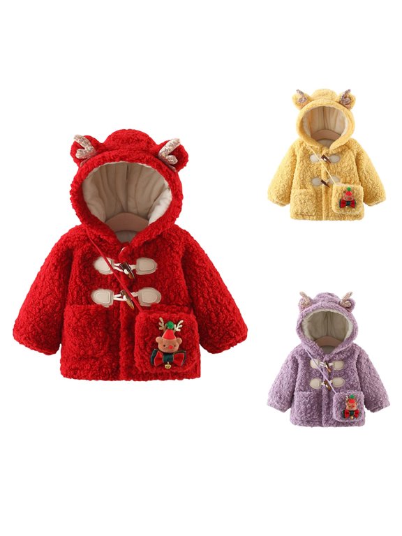 Toddler Girls Hooded Sherpa Coat Toggle Button Holiday Cartoon Pocket Outerwear 18-24 Months Spring Fall Winter Jacket