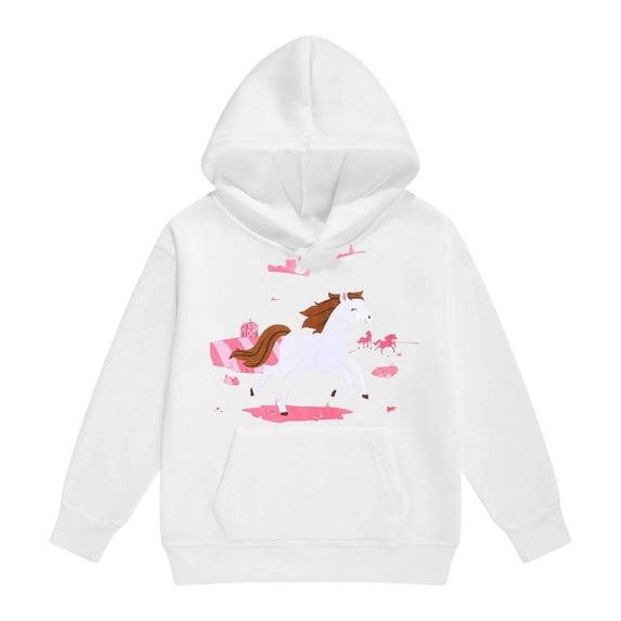 Toddler Girls Hoodies Sweatshirts Winter Warm Cartoon White Horse Print Kids Pullover Hoodie With Drawstring Pocket Long Sleeve Ranch Clothing White Size 2-3T