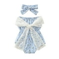 thumbnail image 1 of Toddler Girls Infant Summer Sleeveless Flower Printed Lace Bowknot Romper Bodysuit With Headband Comfy Outwear, 1 of 1