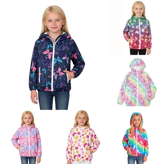 Toddler Girls Jacket Lightweight Hooded Windbreaker Kids Water-Resistant Light Rain Jacket Print Outwear