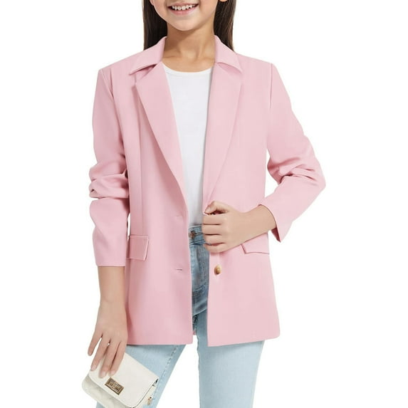 Toddler Girls Jacket Solid Color Long Sleeve Cardigan Clothes Notched Collar Trendy Kids Blazer Suit with Pocket,Pink,150