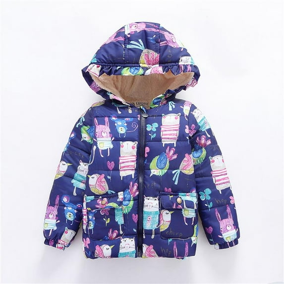 Toddler Girls Jacket, windproof, fur inside, trendy print, with hoodie, Navy