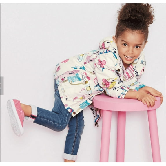 Toddler Girls Jacket, windproof, fur inside, trendy print, with hoodie, white, pink