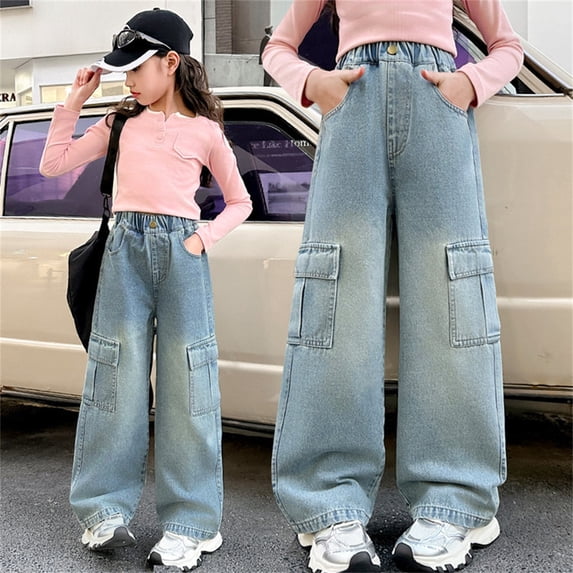 Kids Girls Baggy Jeans Denim Elastic Wasit Wide Leg Jean Denim Pants Girl Clothes Kids Pants Girls