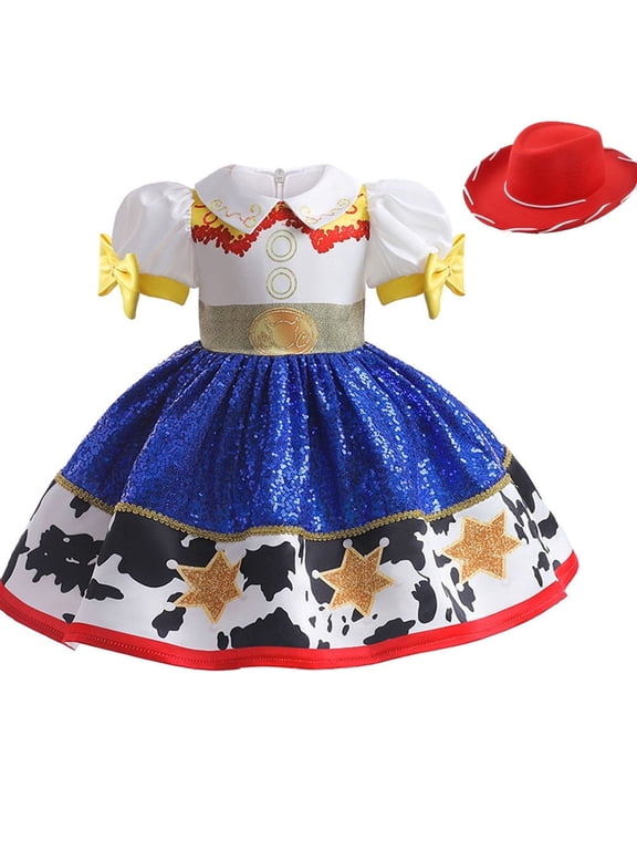 Little Girls Cowgirl Sequins Costume Dress Up Halloween Birthday Party Outfit with Hat