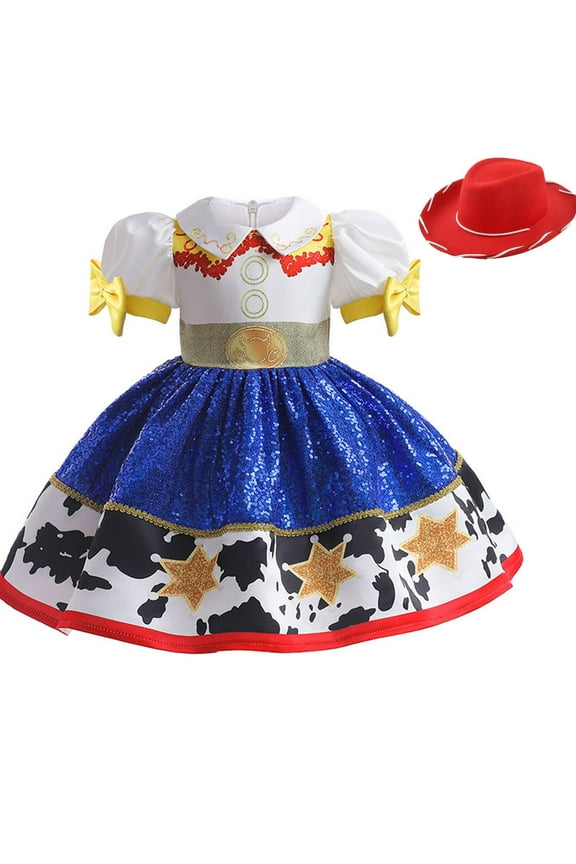 Little Girls Cowgirl Sequins Costume Dress Up Halloween Birthday Party Outfit with Hat