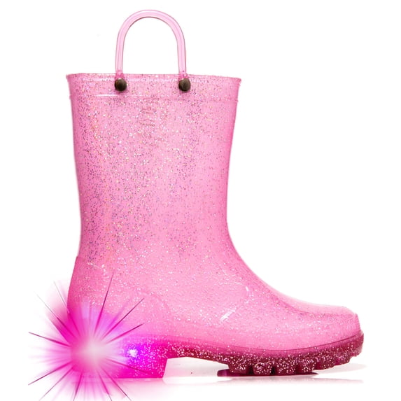 Toddler Girls Kids Rain Boots Sparkle Glitter Lightweight Light Up Waterproof Rubber Mud Puddle Insulated Baby Shoes Non Slip Sole with Easy-on Handles