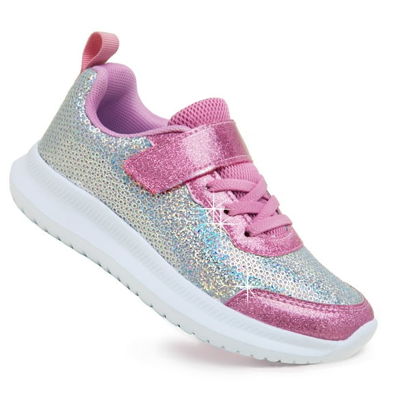 Toddler Girls Kids Sneakers Sparkle Sequins Shoes Breathable Lightweight Elastic band Athletic Running Walking Fashion Child Strap Non Slip Hook and Loop Closure Silver Size 2