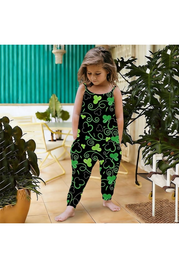 Toddler Girls Kids St Patrick's Day Jumpsuit One Piece Playsuit Strap Romper Summer Outfits Clothes Black 2 Y-3 Y