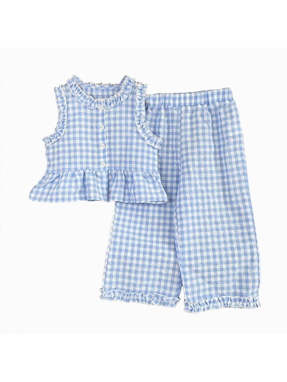 Toddler Girls Kids Summer Two Piece Outfits Ruffled Tank Tops Wide Leg Pants Sets Blue 2-3 Years