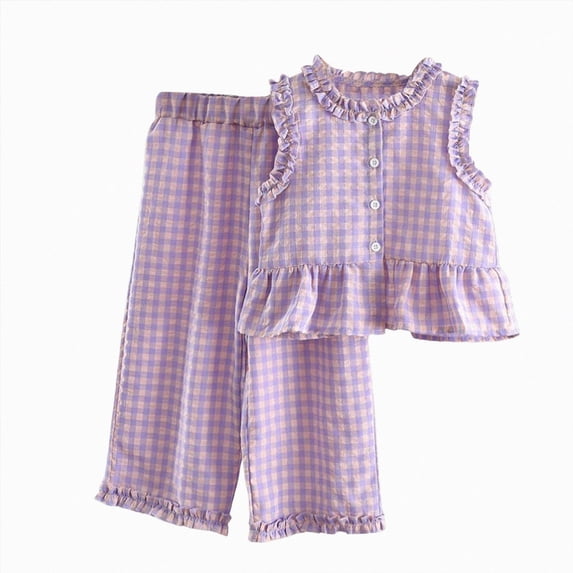 Toddler Girls Kids Summer Two Piece Outfits Ruffled Tank Tops Wide Leg Pants Sets Purple 6-7 Years