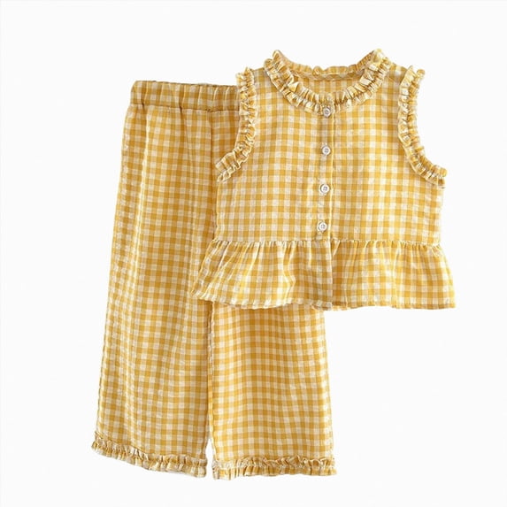 Toddler Girls Kids Summer Two Piece Outfits Ruffled Tank Tops Wide Leg Pants Sets Yellow 5-6 Years