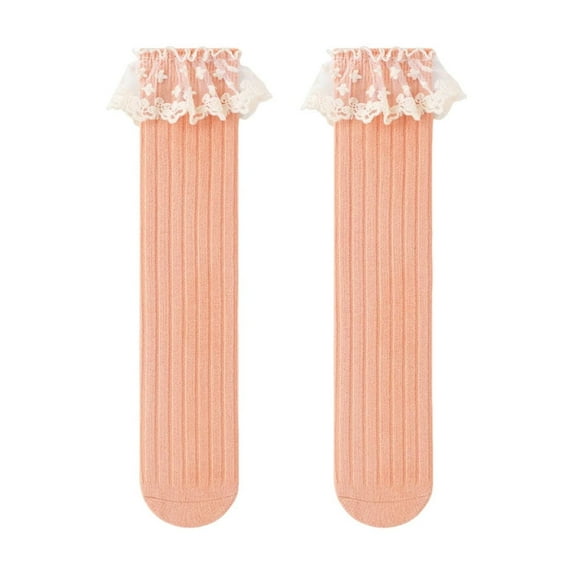 Toddler Girls Knee High Socks with Lace Baby Girl Soft Anti Skid Comfy Long Stockings Non Slip Dress Socks (One Size, Orange)