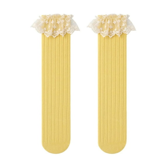Toddler Girls Knee High Socks with Lace Baby Girl Soft Anti Skid Comfy Long Stockings Non Slip Dress Socks (One Size, Yellow)
