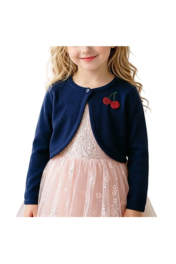 Toddler Girls Knit Bolero Shrug Cherry Rhinestone Long Sleeve One Button Cropped Cardigan Kids Dress Cover Up Thin Sweater
