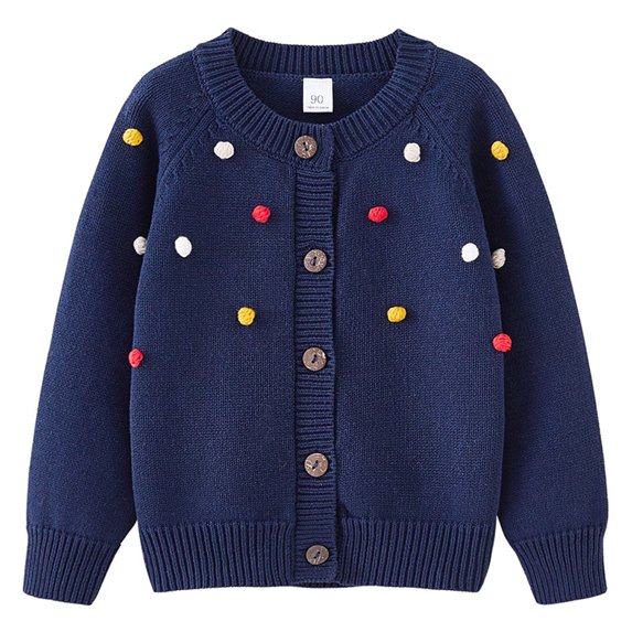 Toddler Girls Knit Cardigan Sweater with Decorative Pom Pom Buttons Long Sleeve Crew Neck Soft Cotton
