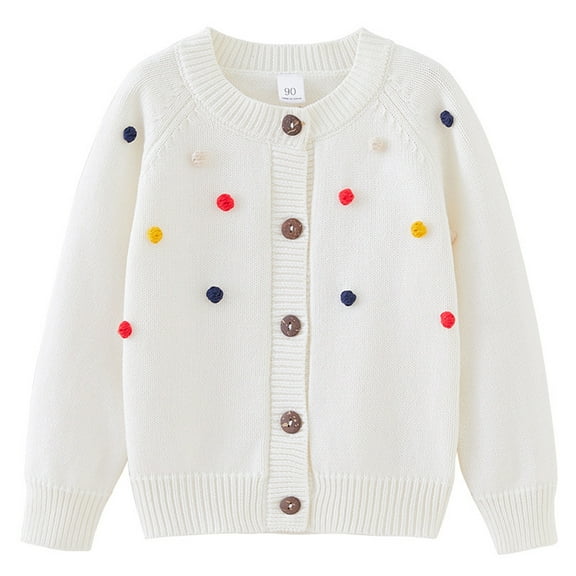 Toddler Girls Knit Cardigan Sweater with Decorative Pom Pom Buttons Long Sleeve Crew Neck Soft Cotton