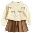 thumbnail image 1 of Toddler Girls Knit Sweater Set Winter Outfits Kids Soft Casual Dress With Bow Embroidery Elegant Two Piece Clothes White Size 4-5T, 1 of 4