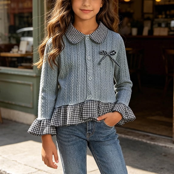 Toddler Girls Knit Sweater Tops Long Sleeve Plaid Ruffle Hem Blouses Button Down Dressy Shirts with Bow Collar Fall Winter Casual Cute School Sweaters Outfits, Size 4-5