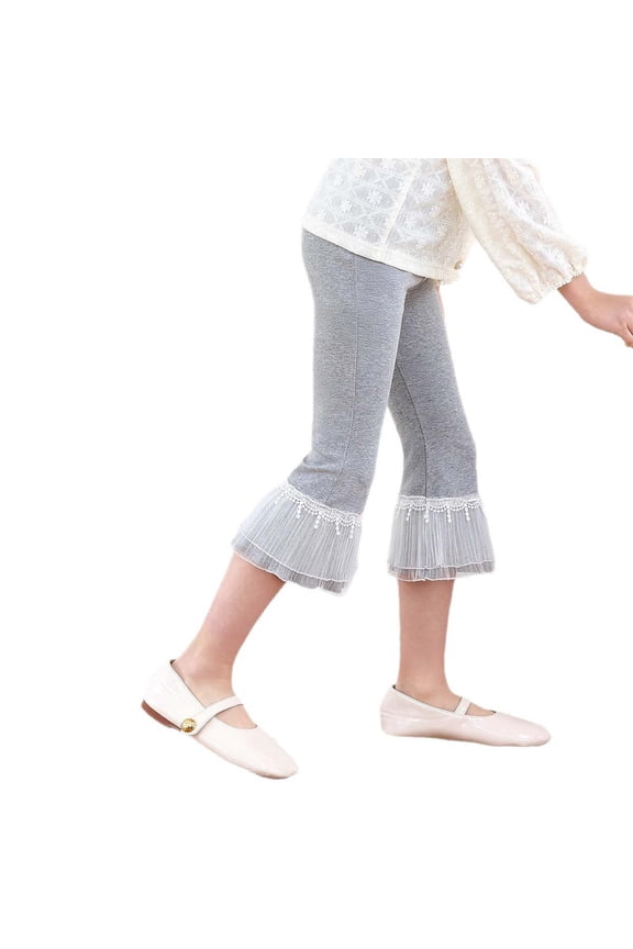 Toddler & Girls Lace Trim Flare Capris, Elastic Waist Sheer Mesh Ruffle Bottom Casual Pants