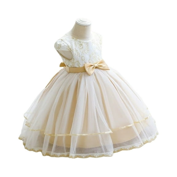 Toddler Girls Lace Tulle Flower Girl Dress Sleeveless Formal Gown with Bow Elegant Princess Birthday Party Dress for Kids
