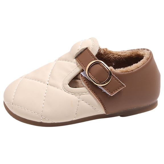 Toddler Girls Leather Fleece Lined Casual Shoes Wide Toe Box Plush Slip On Loafers with Adjustable Strap Non Slip Walking Shoes Beige Size 8 Toddler
