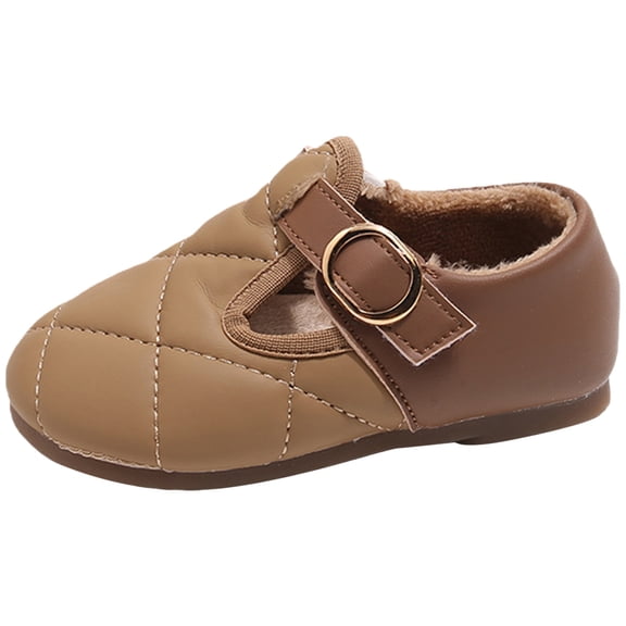 Toddler Girls Leather Fleece Lined Casual Shoes Wide Toe Box Plush Slip On Loafers with Adjustable Strap Non Slip Walking Shoes Brown Size 6 Toddler