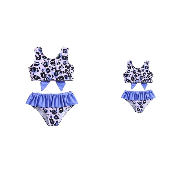 Toddler Girls Leopard Print Bowknot Ruffled Two-Piece Swimsuit Bikini, 3-7T Sleeveless Summer Bathing Suit