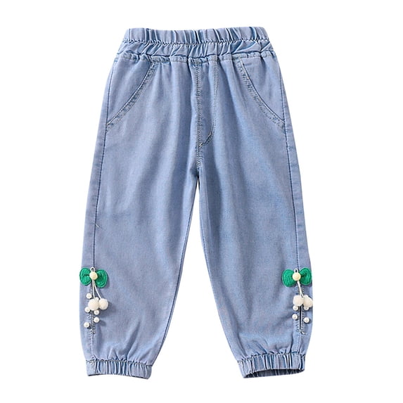 Toddler Girls Lightweight Denim Joggers Pants with Pocket Thin Pull On Athletic School Jeans Pants Sweatpants